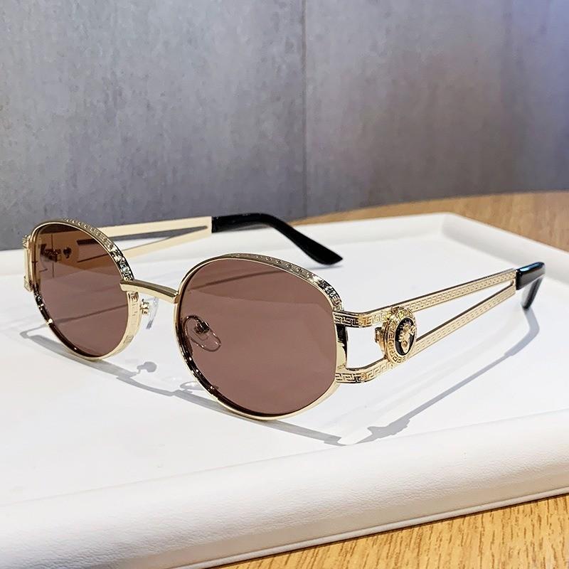 Retro Metal Elliptical Sunglasses With Uv400 Protection For Travel And Parties Gold Brown