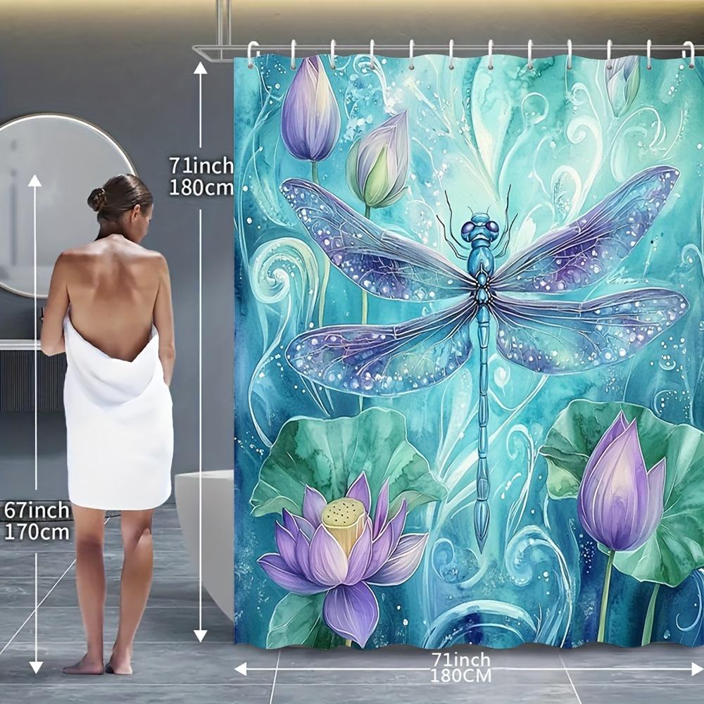 1pc Shower Curtain - Elegant Blue Dragonfly with Lotus Flowers and Swirls Design Waterproof