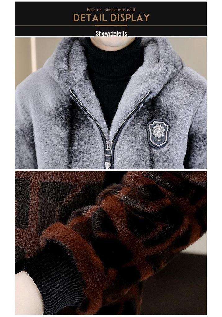 Middle-Aged Men's Gold Sable Velvet Hooded Leather Jacket - Thick Winter Coat
