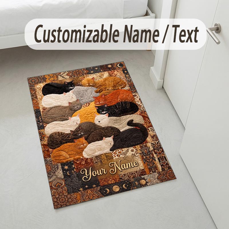 Cat Theme Crystal Velvet Rug Personalized Custom Name Text Soft Floor Mat Home Decor