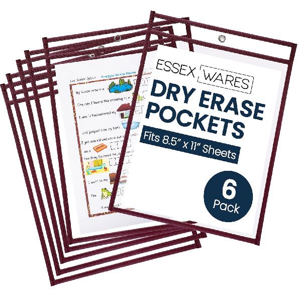 Essex Wares - 6 Pack Assorted Dry Erase Pocket Document Protectors 10 Wide x 135 Tall- Dry Erase Clear Plastic Sleeves - Reble Easy Erase малиновый 3900₽