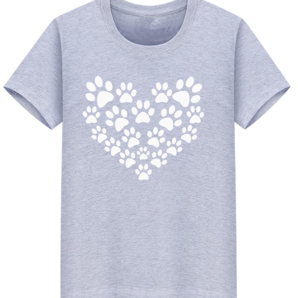Women's Heart-shaped Dog Footprints Fun Print Dog Lover Round Neck Short Sleeve Sport T-shirt Tops  Harajuku