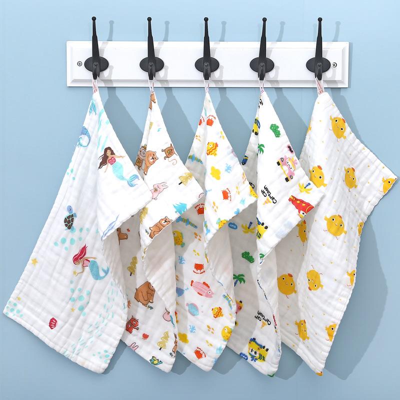 6 Layer Pure Cotton Baby Gauze Square Towel High Density Printed Children Face Washing Saliva Towel Soft Absorbent