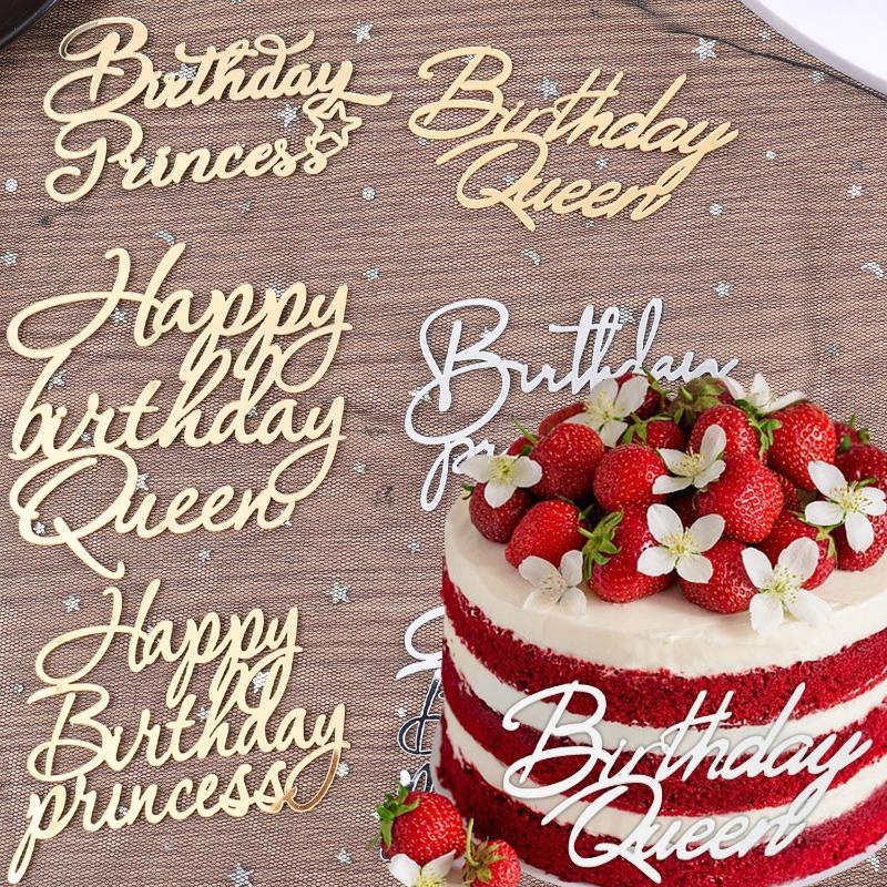 Gold Silber Acryl Kuchenaufsätze Dekorationen Happy Birthday Königin Prinzessin für Mädchen Geburtstagsparty Dessert Buchstaben Dekoration