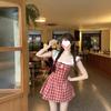 Elegant Retro Red Plaid Puff Sleeve Princess Dress - Slimming & Perfect for Petites
