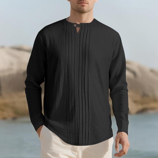 Men Shirt Round Neck Long Sleeve Loose Fit Shirt Pure Color Pleated Casual
