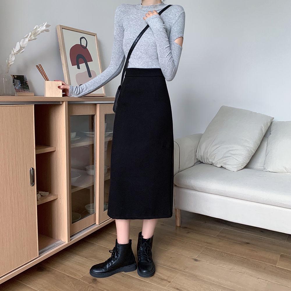 

Plus Size High Waist Wool A-Line Skirt - Mid-Length Slit for Autumn/Winter 2XL