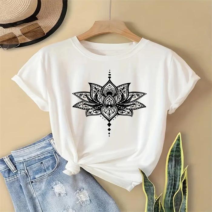 Letní top s kulatým výstřihem a potiskem Módní Ležérní Roztomilá dámská trička z čisté bavlny s krátkým rukávem