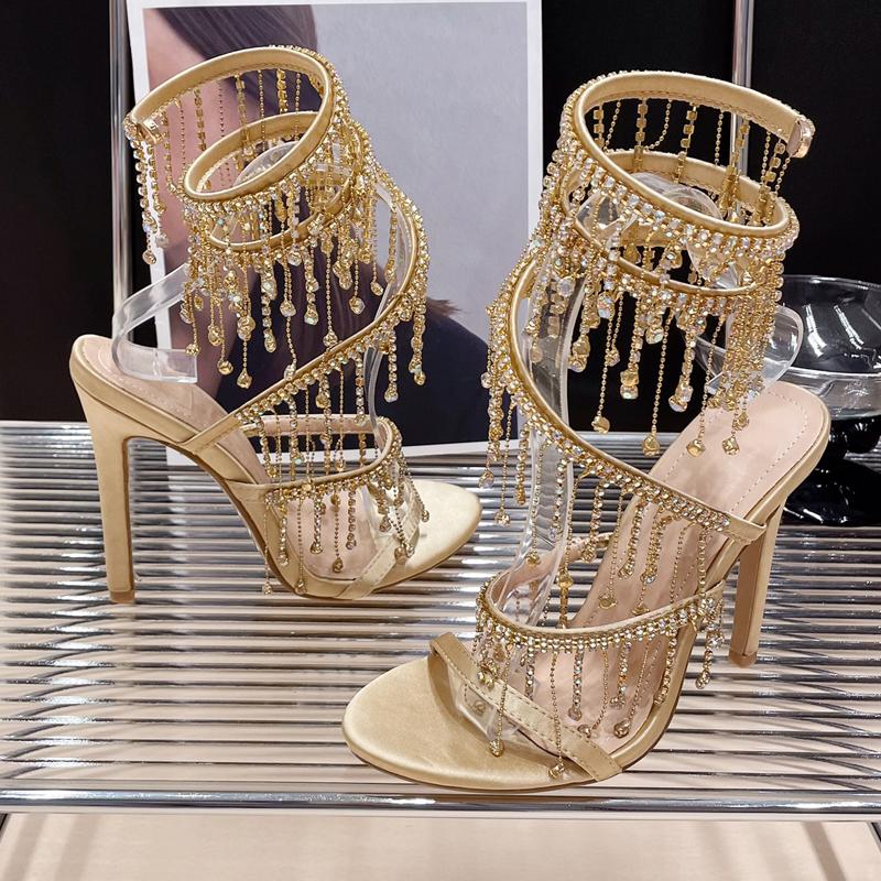 Pesstwei Sandálias Femininas de Strass Cristal Dourado Moda Fio de Contas Salto Agulha Balada Tira de Amarração Biqueira Aberta Sapatos de Verão