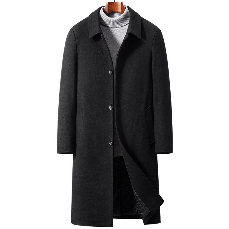 Men Wool Blend Overcoat Autumn Winter Turn Down Collar Long Woolen Coat Single Breasted Business Casual Long Sleeve Outerwear Windbreaker