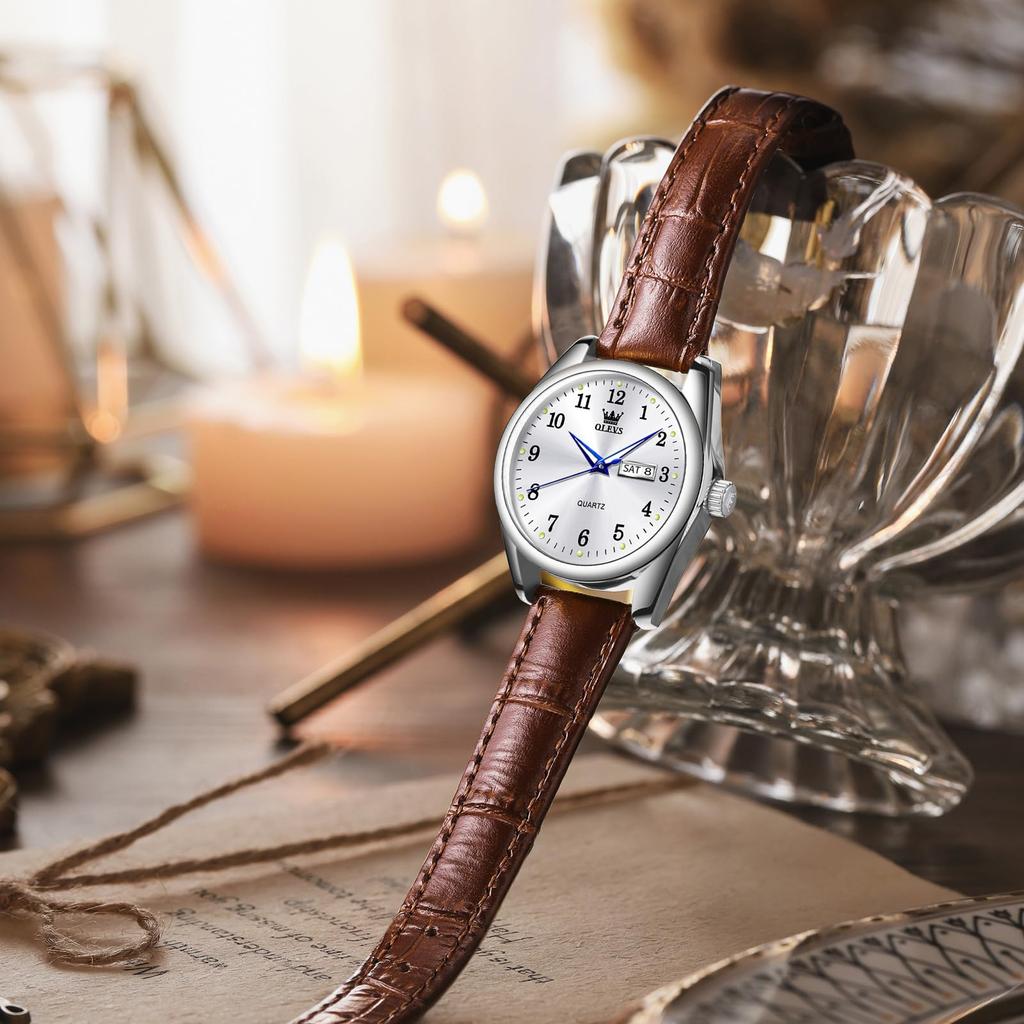 Waterproof OLEVS Popular Arm Watch Analog Quartz Fashion Business Stylish Watch White Dial Cute Watch Leather Strap Watch Lightweight Silver Watch for