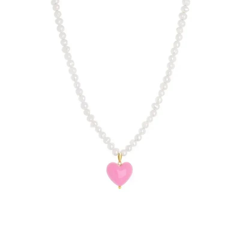Fashion Gift Sweet Pink Heart Pendant Earrings Freshwater Pearl Contrast Earring Korean Design Candy Color Heart Beaded Necklace