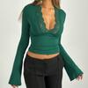 Women's Fall Tops Slim Lace Trim Deep V Neck Bell Sleeve Crop Shirt Casual Streetwear