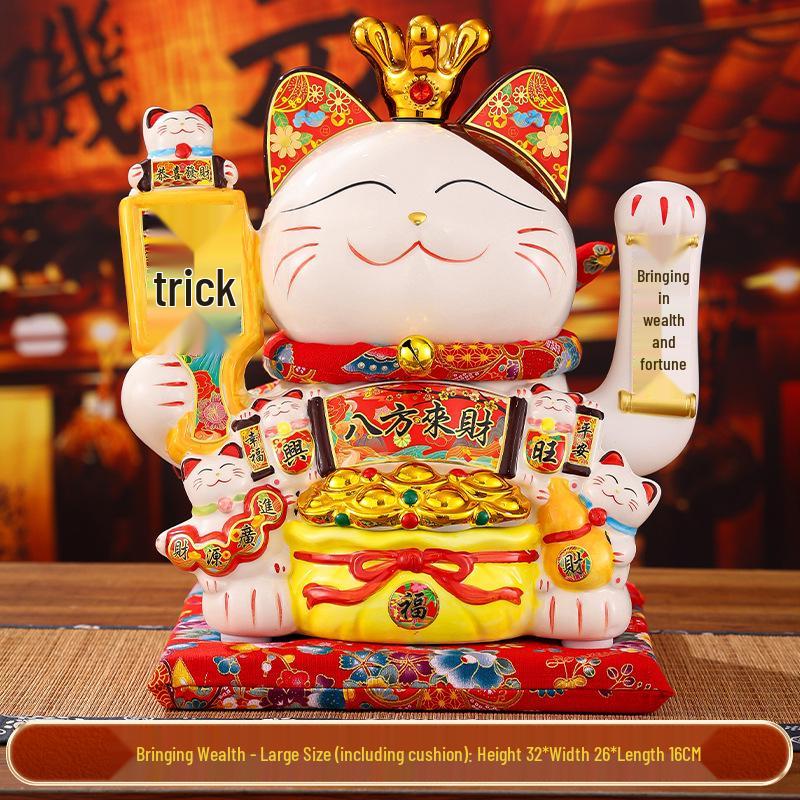 Automatic Waving Ceramic Lucky Cat Figurine - Perfect for Housewarming, Cash Register, or Living Room Decor