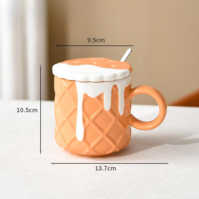 Creamy Style Biscuit Mug Ceramic High Looking Creative Cup with Lid Spoon Cute Girl Couple Drinking Water for Home Use