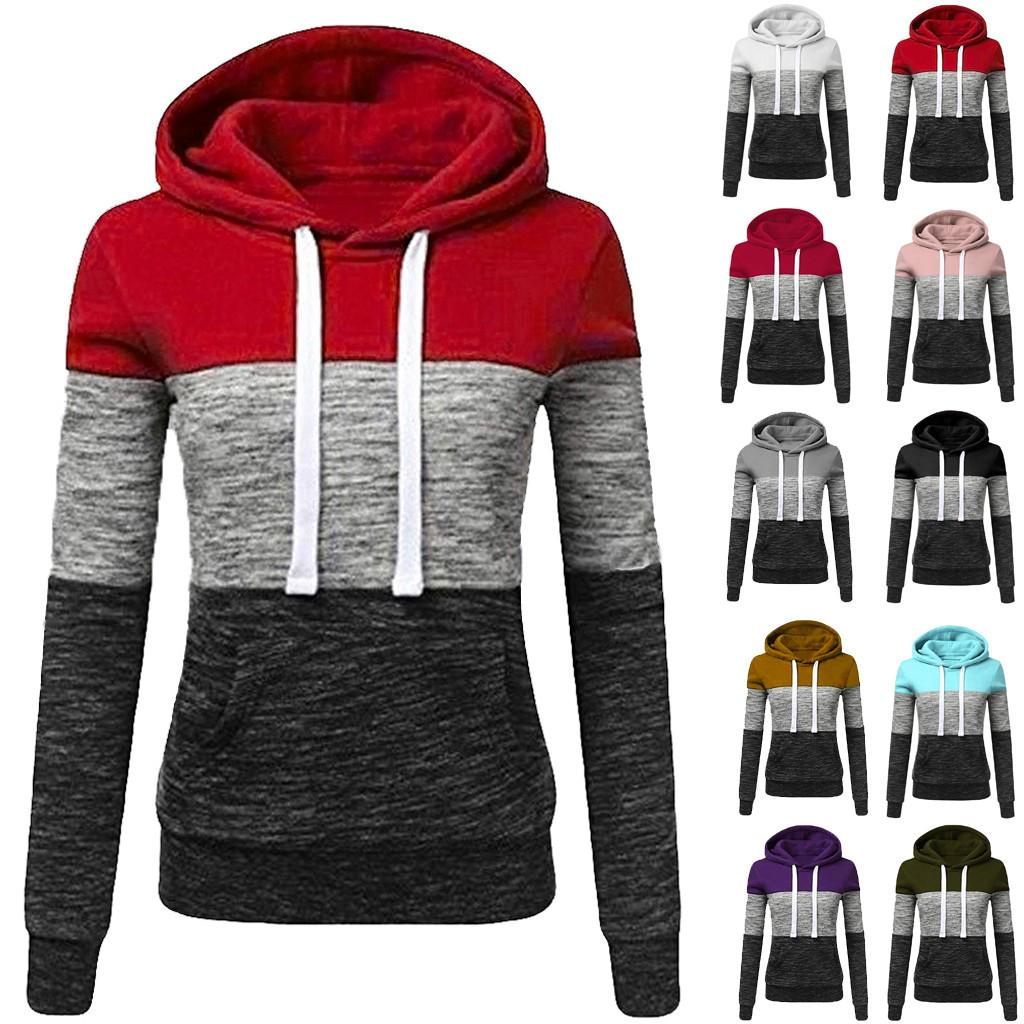 Fashion Womens Casual Hoodies Sweatshirt Patchwork Ladies Hooded Blouse Pullover