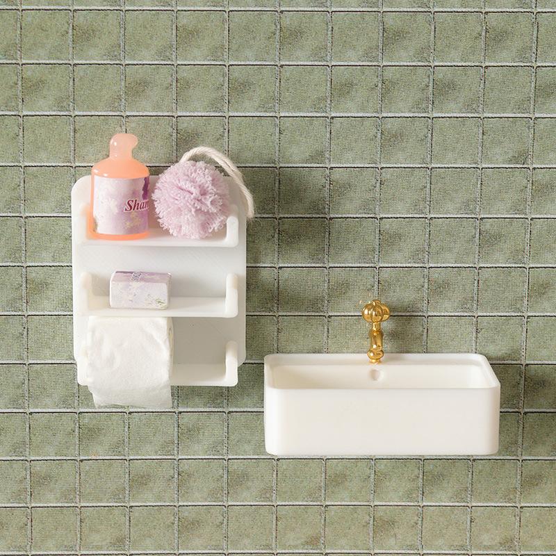 Mini 1/12 Scale Dollhouse Bathroom Sink Wash Basin Wall Shelf Model Micro Scene Decor Pretend Play Furniture Toy