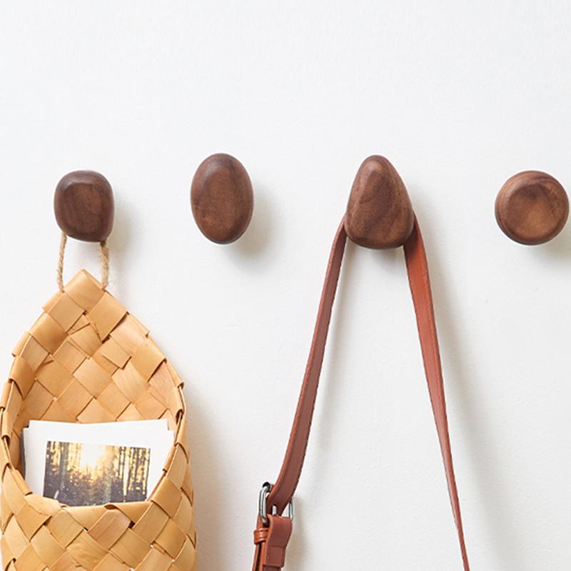 Solid Wood Handle Clothes Hook Coat Hook Wall-mounted Punch-free Door Clothes Hanger Pebble Shape Cabinet Door Kitchen Organizer