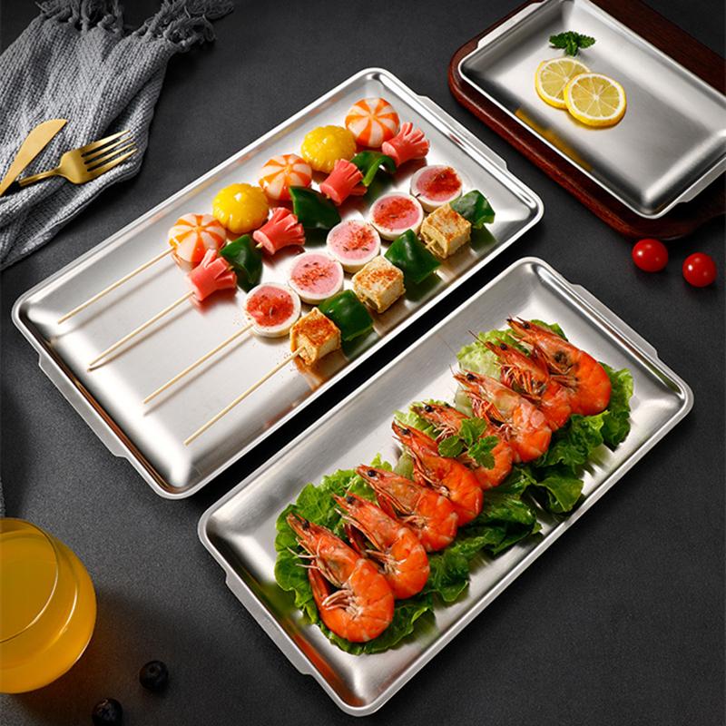 Thick Rectangular Tray Stainless Steel Food Storage Trays Sushi BBQ Flat Bottom Shallow Dishes Fruit Vegetable Plate Baking Pan