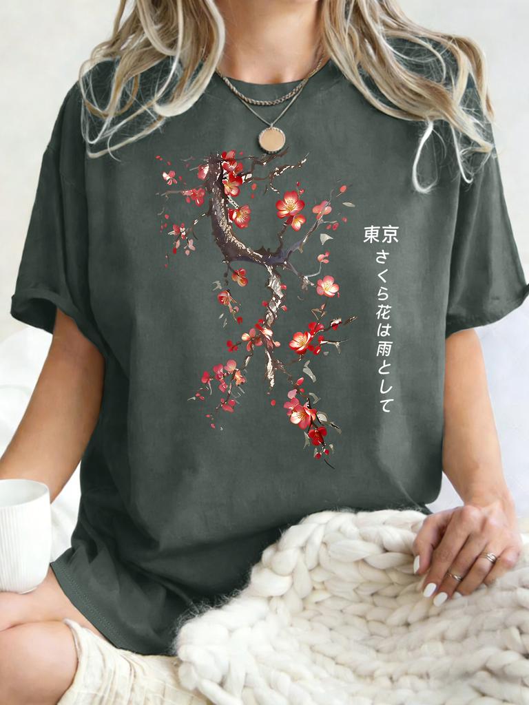Dámské tričko Harajuku s potiskem třešňových květů, kulatý výstřih, krátký rukáv, volný bavlněný Streetwear Hip Hop Top