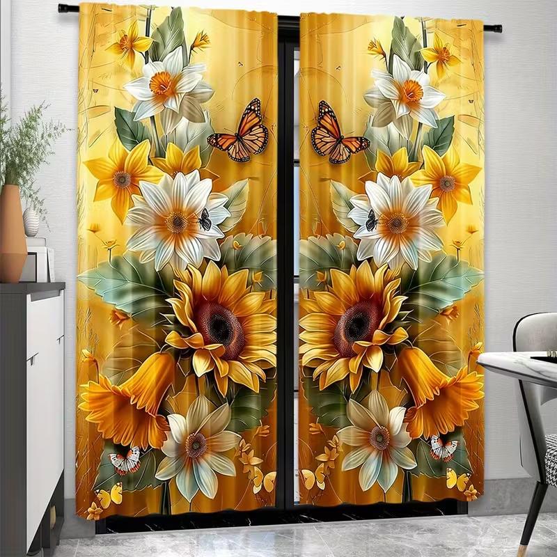 2 Pcs Sunflower butterfly print curtains  suitable for bedroom  living room kitchen decoration  home decoration  window decoration