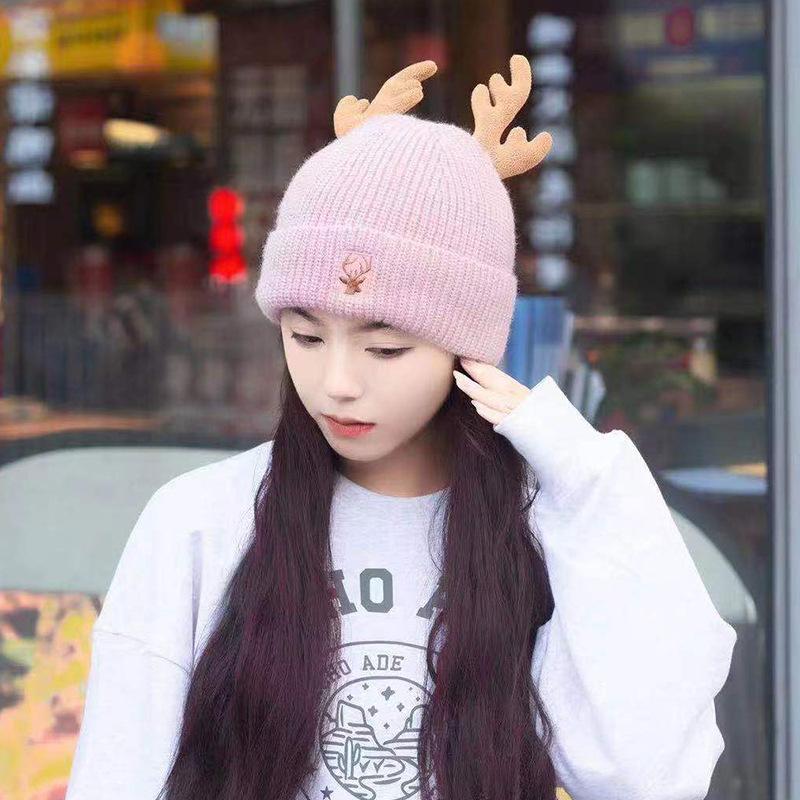 Christmas Gift Japanese Cute Antlers and Wool Hat for Women In Winter Warm Knitted Hats for Students Versatile Trend