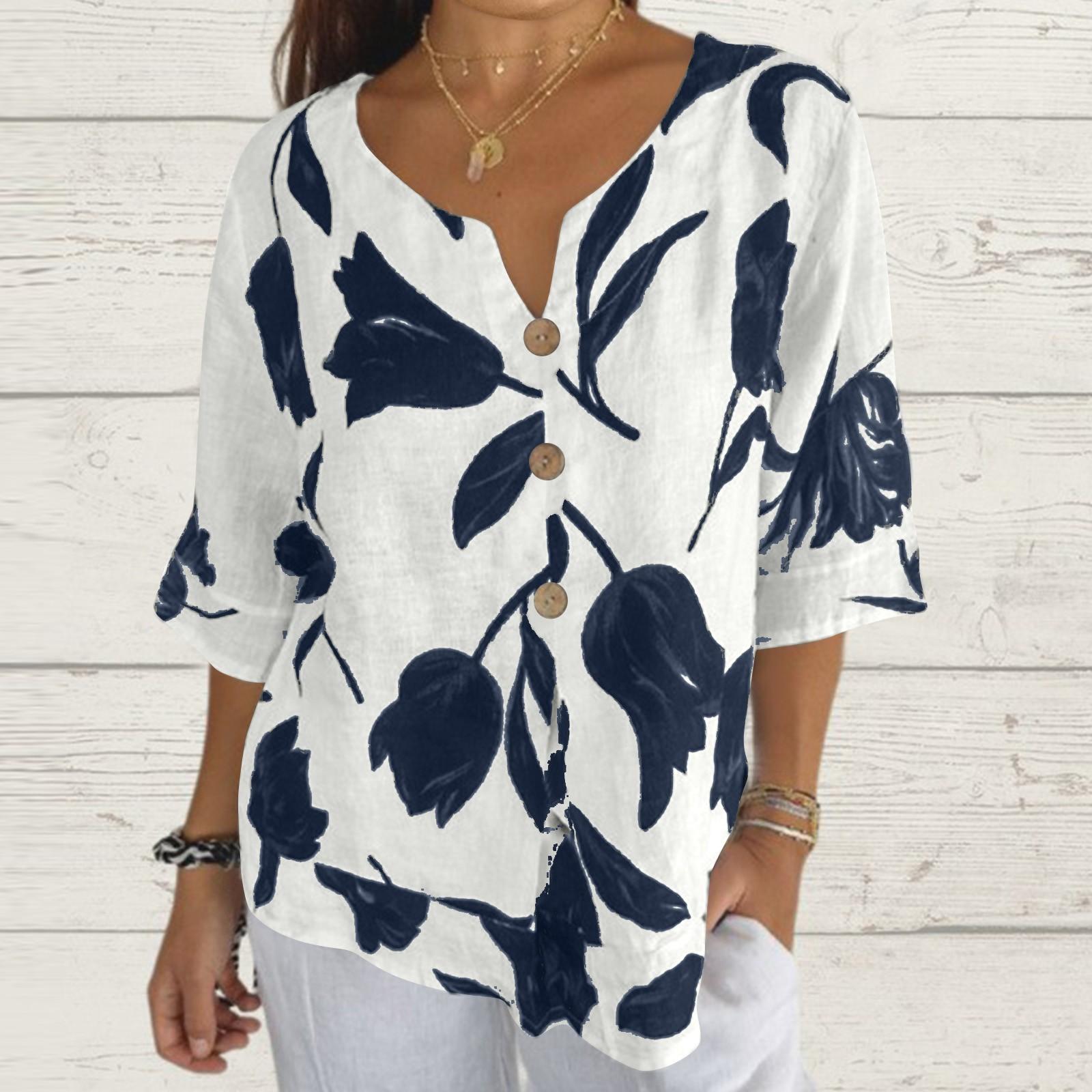 

Повседневная женская рубашка-пуловер с цветочным V-образным вырезом и короткими рукавами XXXXL белый