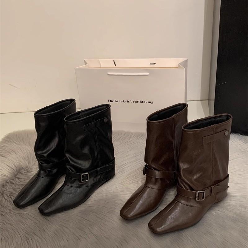 Vintage Suede Khaki Boots Women's Boots French Boots Fall Niche Design Western Stack Boots Knight Boots