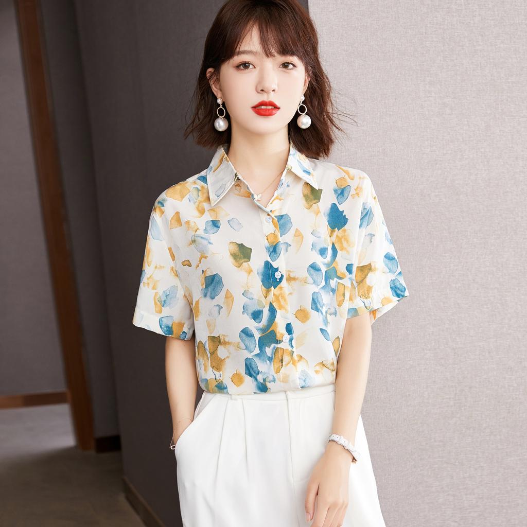 Women's Printed Shirt Fashion and Beautiful Chiffon Shirt Spring and Summer Medium Sleeve Top Lapel Shirt Foreign Style Shirt