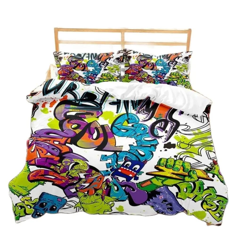 Hippie Graffiti Bedding Set Teens Adults Hip Hop Duvet Cover Set King Queen Size Youth Comforter Cover Modern Street Art Cover