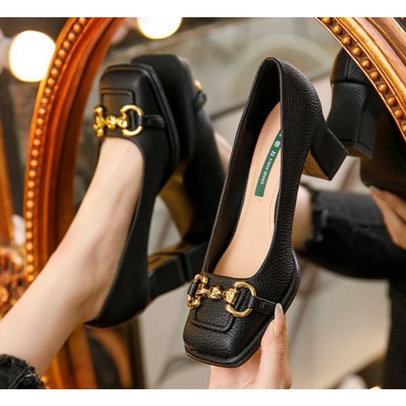 Fashion Women's Mid-heel Pumps 2025 Summer French Style Back Empty Female Thick Heel Square Toe Mary Jane Shoes Black Green Talon Femme