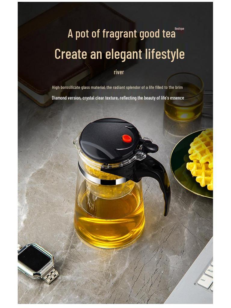 Elegant Heat-Resistant Glass Tea Infuser Pot with One-Button Filtering - Customizable with Logo Option.