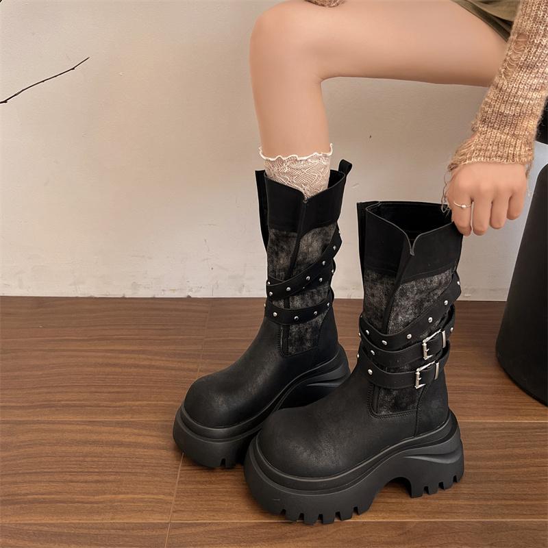 Chunky Women Knight Boots Fashion Belt Buckle Slip On Shoes Autumn Winter Platform Heel Mid Calf Booties Zapatos De Mujer