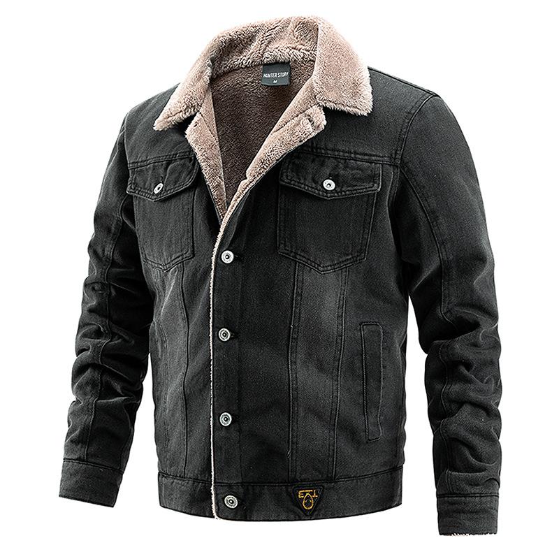 Men s Denim Jacket with Plush and Thick Lapel Collar, Washed Cotton, Fashionable Men s Jacket M