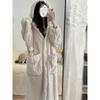 Fall And Winter Casual Solid Jacquard Wool Padded Robe, Long Sleeve Hooded Buttoned Robe With Pockets, Women's Pajamas And Dresses