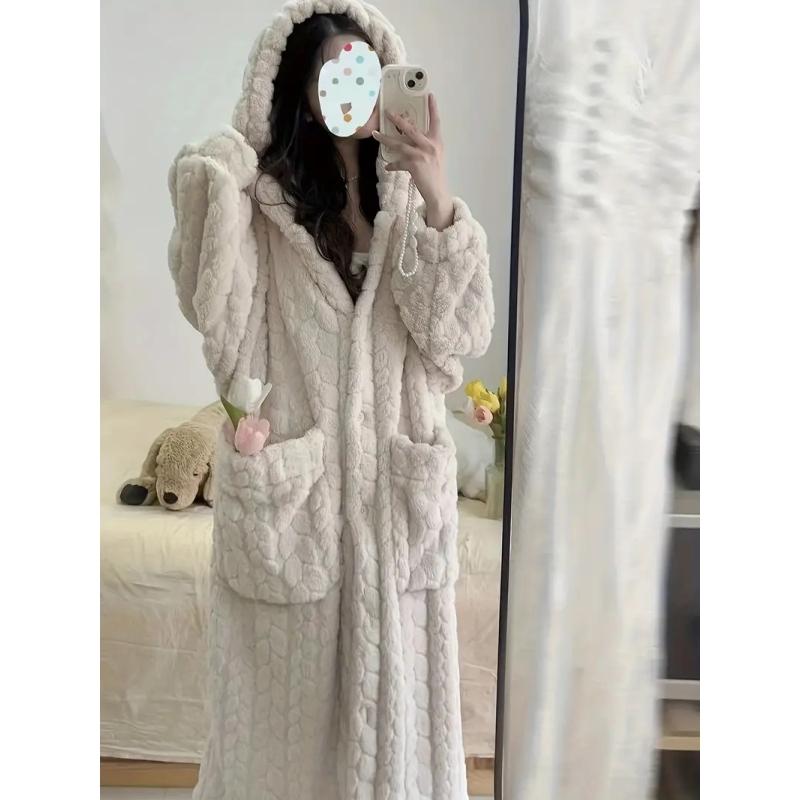 Fall And Winter Casual Solid Jacquard Wool Padded Robe, Long Sleeve Hooded Buttoned Robe With Pockets, Women's Pajamas And Dresses