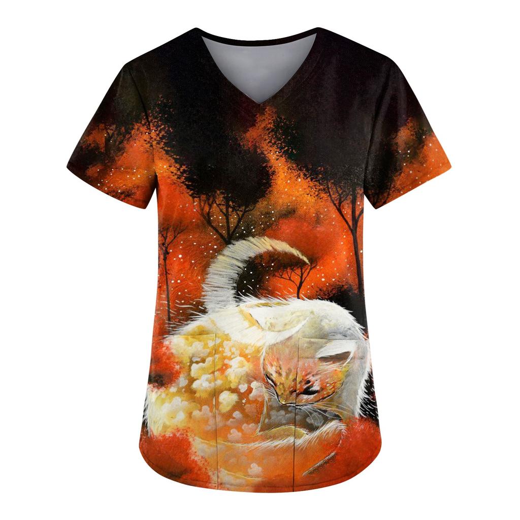 Women Printing Short Sleeve V-neck Tops Working Uniform Pocket Blouse