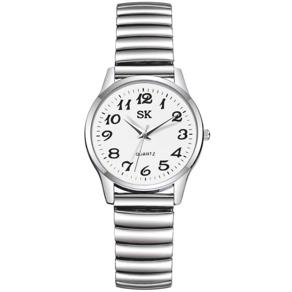 Simple Watches Elastic Band Couple Watches New Wristwatches Gifts Silver White-S