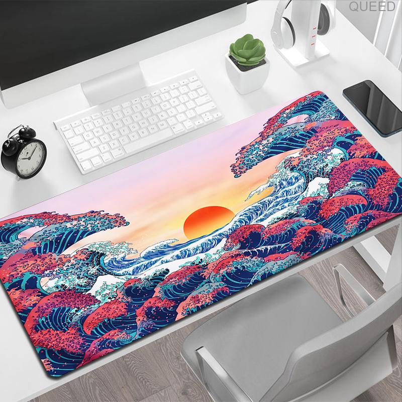 Tappetino per Mouse Japan Art Bianco e Nero Grandi Onde Gaming XL HD Nuovo Tappetino Mouse XXL Tappetino da Gioco Ufficio Computer Antiscivolo Tappetino Grande per Mouse