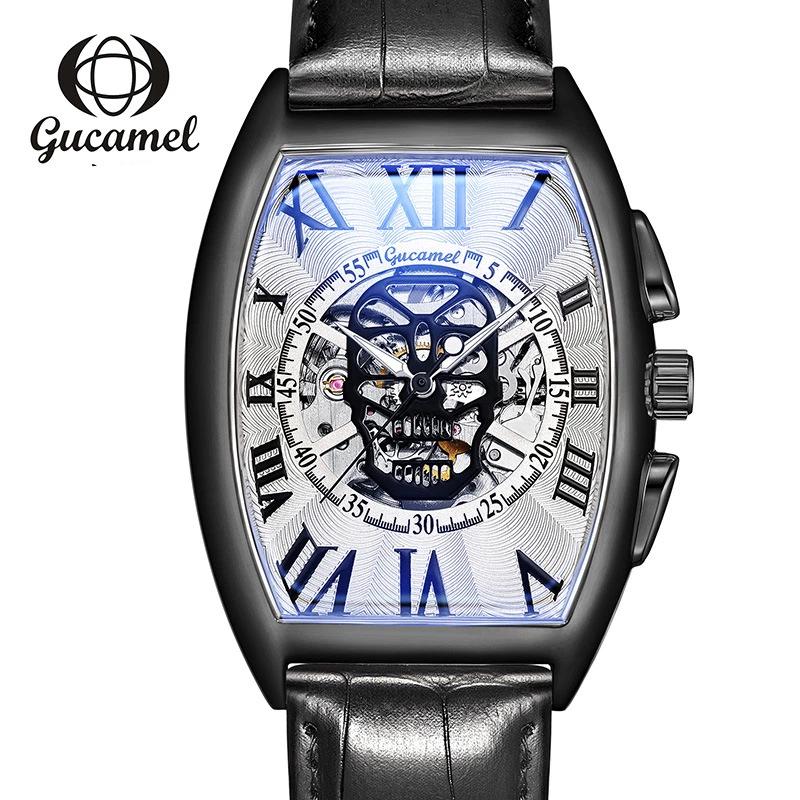 

Топ новые бочкообразные часы европейско-американской мужской моды с полым скелетонизированным автоматическим механизмом и черепом