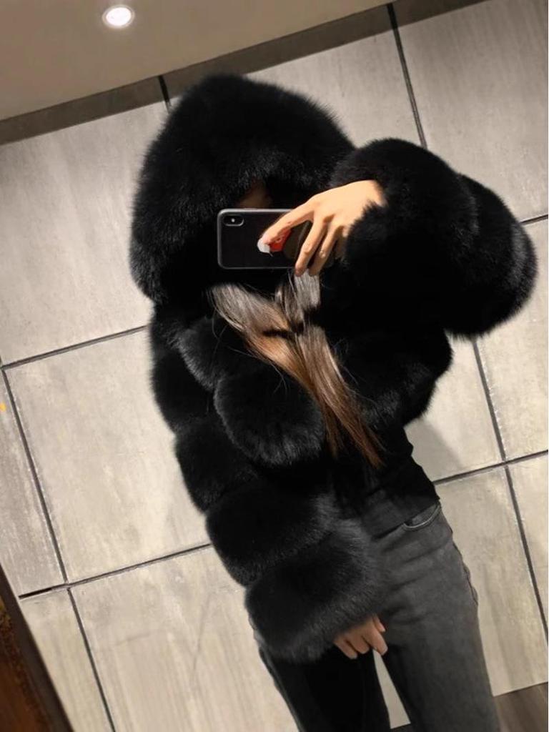 Europäisch-Amerikanischer Kurzer Kapuzenmantel aus Kunstfuchsfell für Herbst/Winter