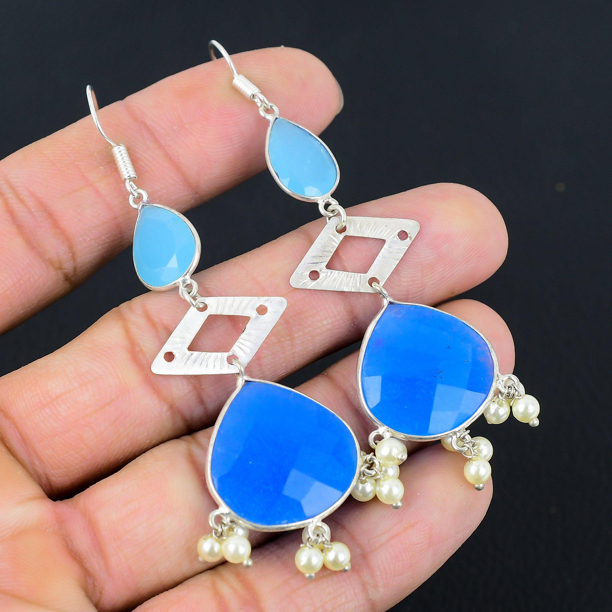 

Halloween Deal Pear Blue Sapphire Stone Dangle Birthday Wife Earrings 925 Silver