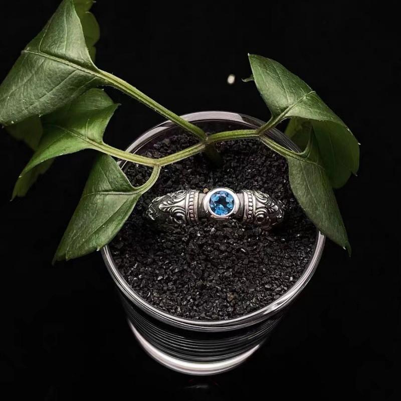 Adjustable Open Ring Men Women Sterling Geometric Vintage Style Blue Topaz Couple Adjustable Open Band