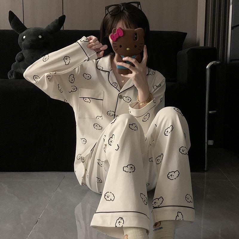 Spring and Autumn Pajamas Women's Large-size Long-sleeved Autumn and Winter Suits Ins Natural Wind Loose Women's Loungewear Can Be Worn Outside