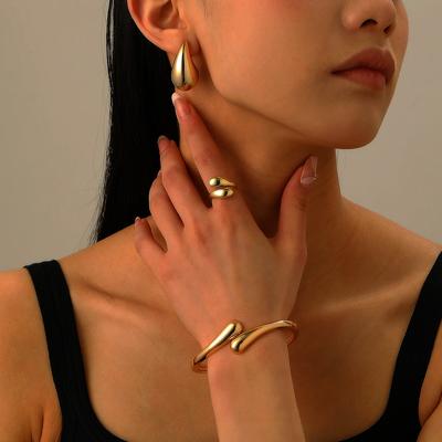 Irregular Water Drop Open Earring Ring Bracelet Set for Women Fashion Punk Smooth Adjustable Goth Grunge Jewelry Sets Gifts