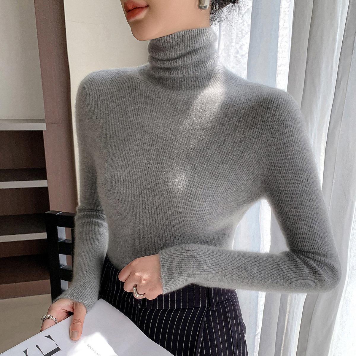 

Вязаный свитер с воротником-стойкой для женщин, приталенный крой с шерстяной подкладкой, облегающая базовая модель с высоким воротником, бесшовный свитер для женщин S