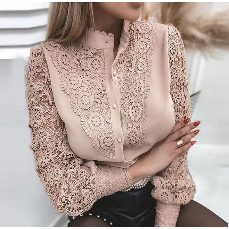 Hot-selling Shirt New Solid Color Lace V-neck Cardigan Women's Shirt