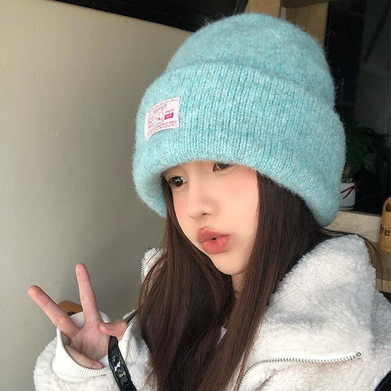 Blue wool knitted hat children's winter Korean versatile lake blue warm cold hat big head circumference ear protector wool hat