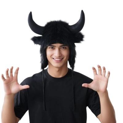 Funny Plush Hat With EarFlaps Bull Horn For Winter Outdoor Activity Cold Weather Head Protectors Halloween Headpiece
