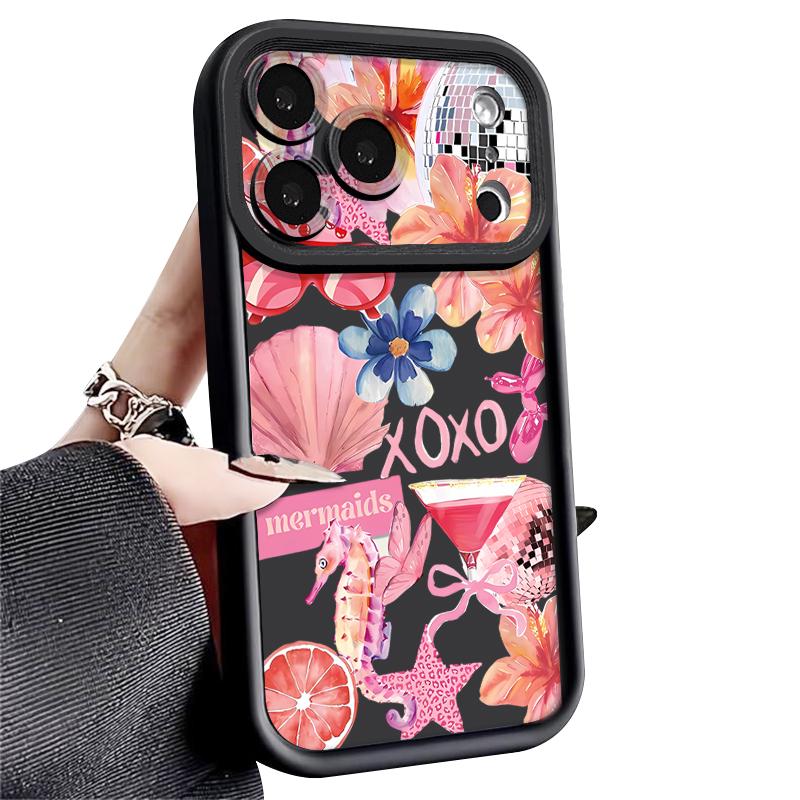 Shockproof Phone Case For iPhone 17 Pro Max Pink Cartoon Floral Pattern Silicone Cover For iPhone 16 Pro Max Cover iPhone 15 14 13 12 11 16E Air